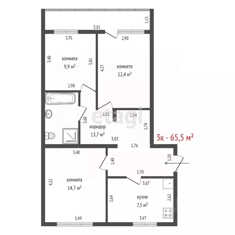3-к кв. Свердловская область, Екатеринбург ул. Культуры, 25 (65.5 м) - Фото 2