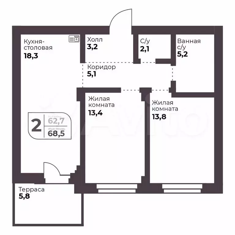 2-к. квартира, 62,7 м, 1/9 эт. - Фото 0