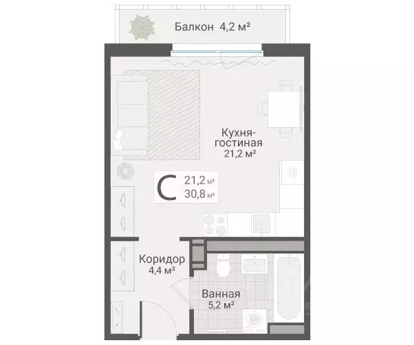 Студия Санкт-Петербург Актерский проезд, 2к2 (30.8 м) - Фото 1