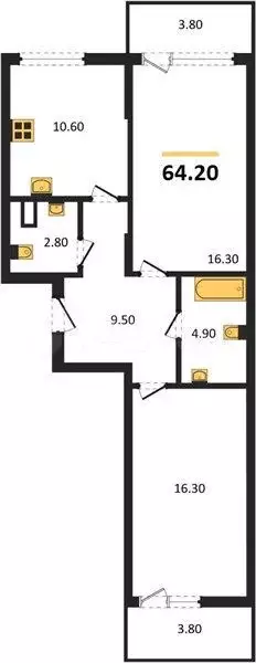 2-к. квартира, 64,2 м, 1/4 эт. - Фото 1
