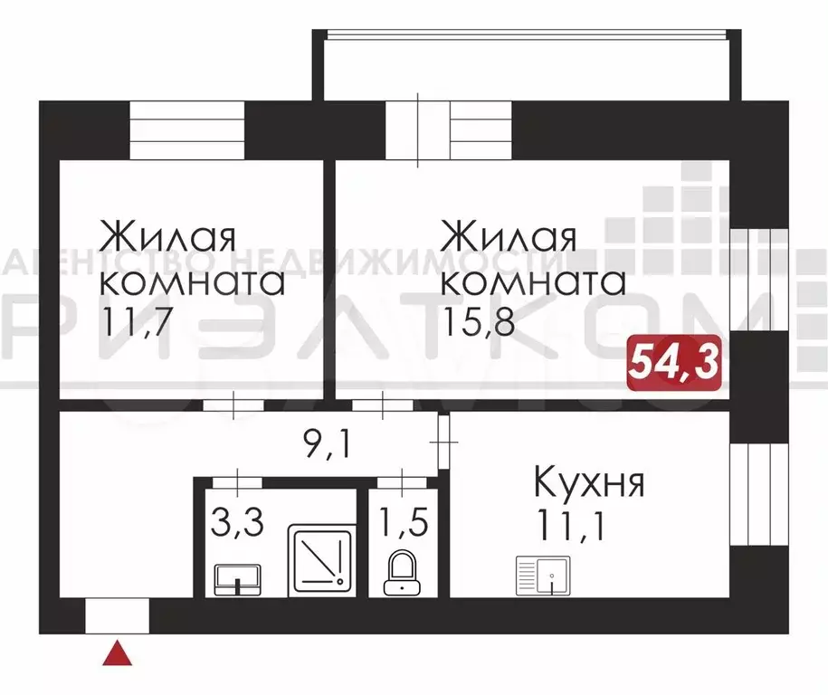 2-к. квартира, 54,3 м, 6/9 эт. - Фото 0