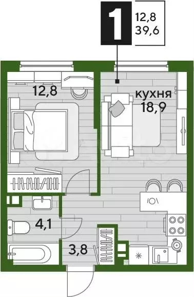 1-к. квартира, 39,6 м, 7/16 эт. - Фото 1