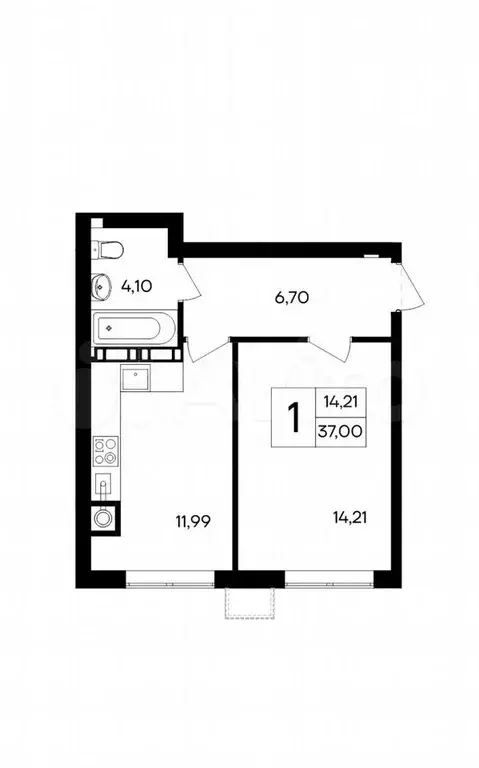 1-к. квартира, 37 м, 1/9 эт. - Фото 1