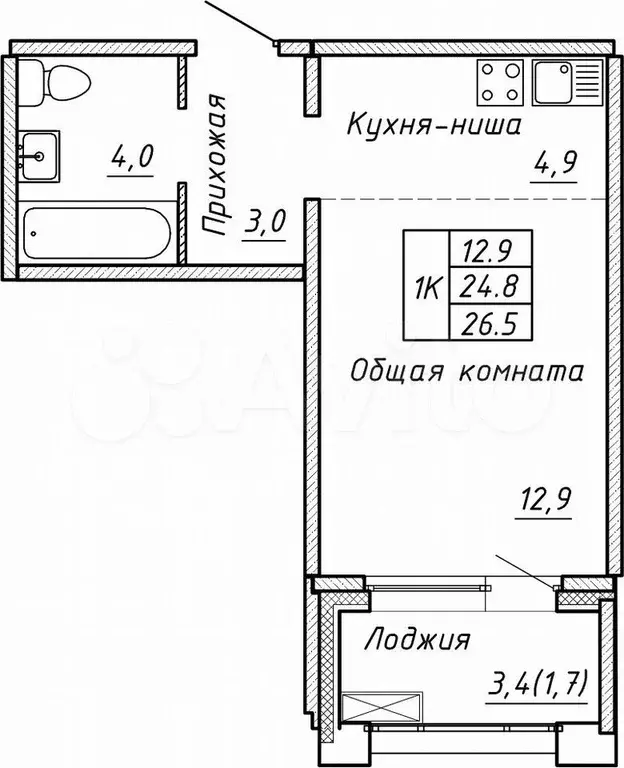Своб. планировка, 26,5 м, 4/15 эт. - Фото 0