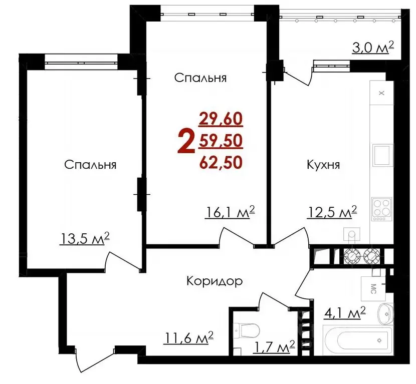 2-к кв. Белгородская область, Белгород ул. Губкина, 54 (62.5 м) - Фото 0