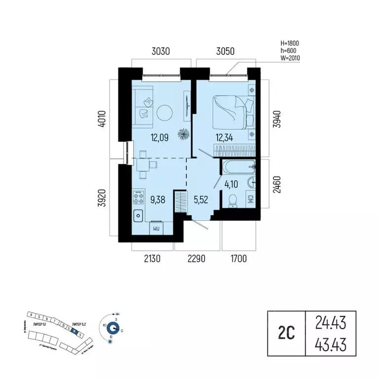 2-к кв. Башкортостан, Уфа Глумилино-1 мкр, Новатор жилой комплекс ... - Фото 1