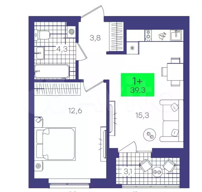 1-к. квартира, 39,3 м, 2/8 эт. - Фото 1