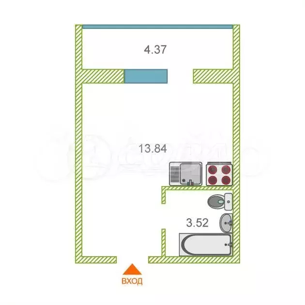 Квартира-студия, 18,9 м, 1/5 эт. - Фото 0