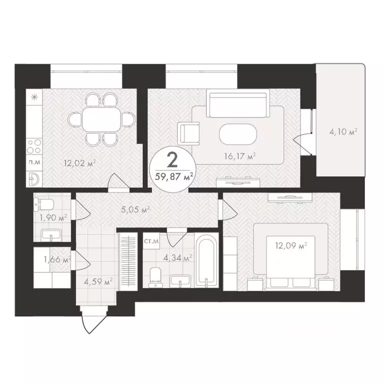 2-к кв. Башкортостан, Уфа Южный-2 мкр,  (59.87 м) - Фото 1