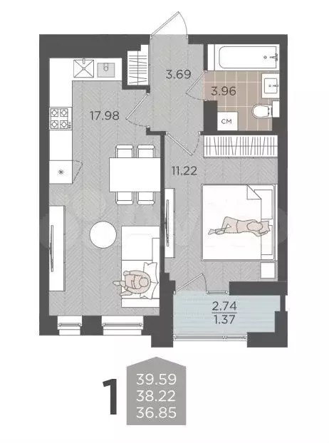 1-к. квартира, 38 м, 7/9 эт. - Фото 1