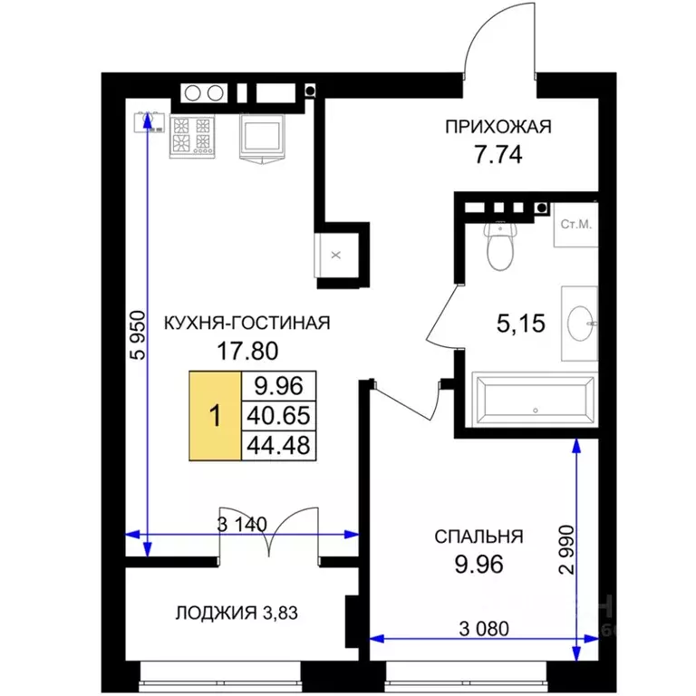 1-к кв. Калининградская область, Гурьевск Включи жилой комплекс (44.48 ... - Фото 0