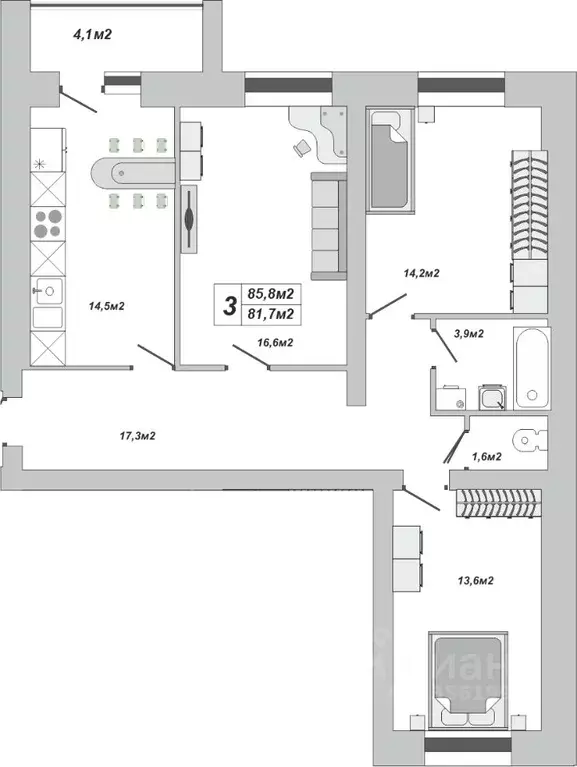 3-к кв. Тамбовская область, Тамбов ул. Чичерина, 7/1к3 (85.8 м) - Фото 0