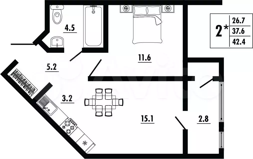 2-к. квартира, 42,4 м, 5/23 эт. - Фото 0