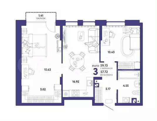 3-к. квартира, 59,1 м, 4/10 эт. - Фото 1
