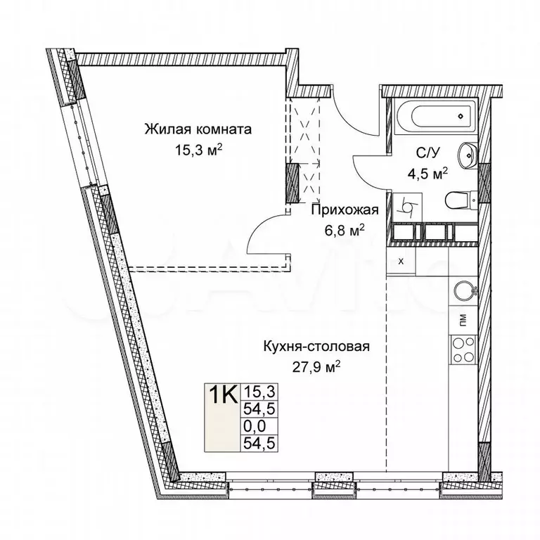 1-к. квартира, 54,5 м, 3/9 эт. - Фото 0