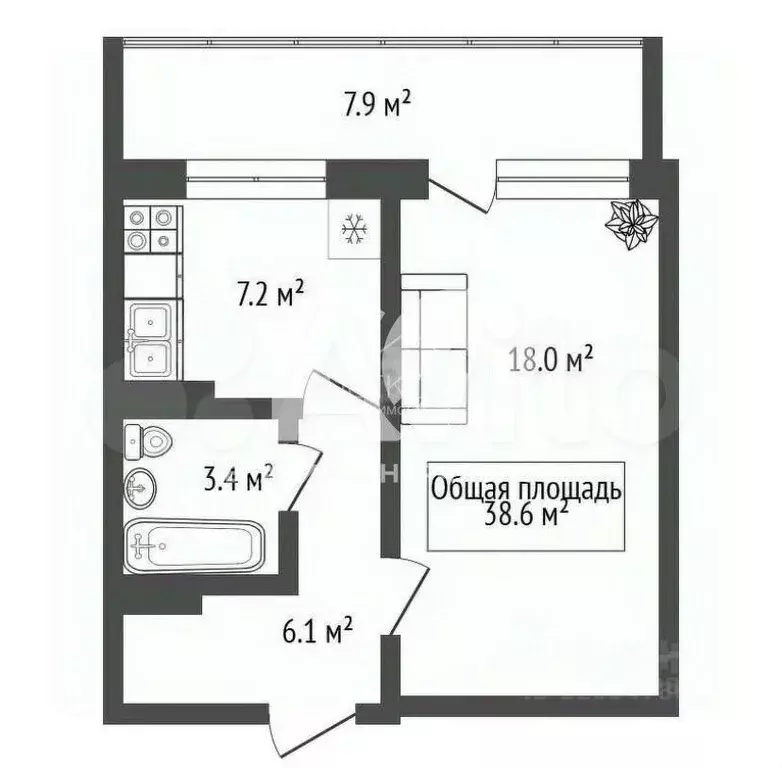1-к. квартира, 38,6 м, 7/17 эт. - Фото 0