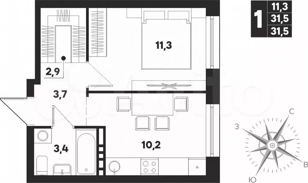 1-к. квартира, 31,5 м, 7/9 эт. - Фото 0