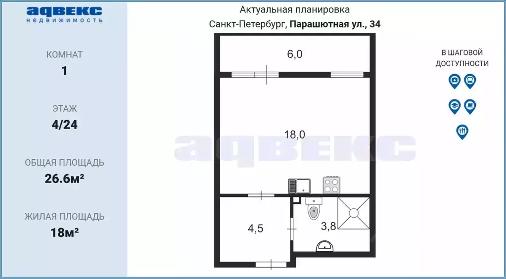 студия санкт-петербург парашютная ул, 34 (26.6 м) - Фото 1