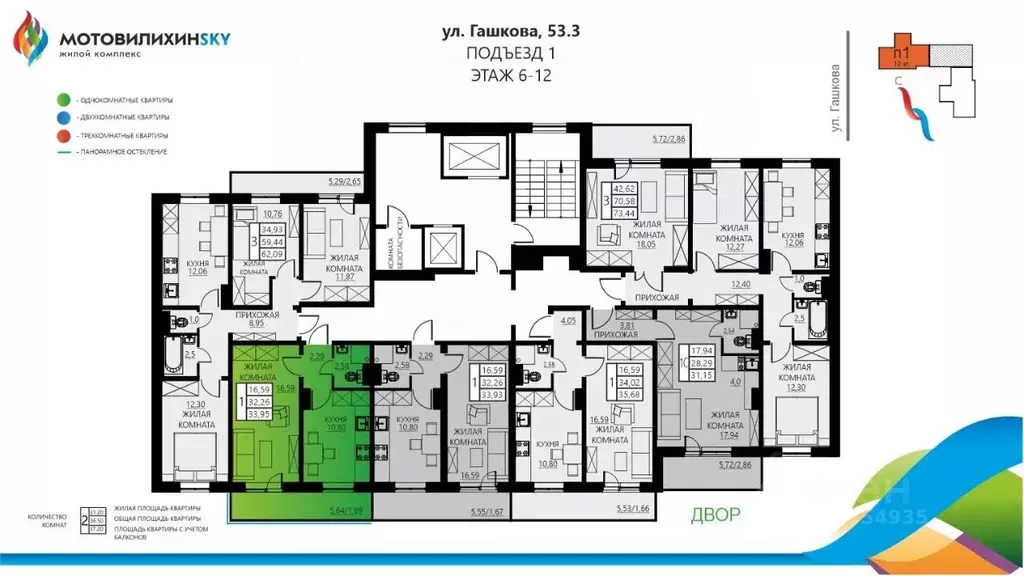 1-к кв. Пермский край, Пермь ул. Гашкова, 53к3 (33.95 м) - Фото 1