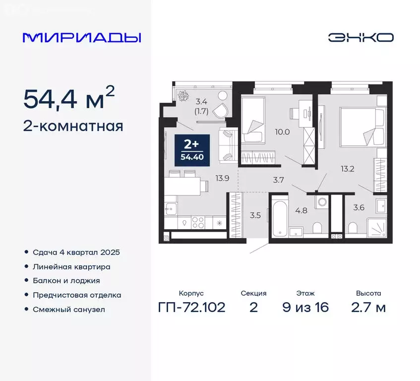 2-комнатная квартира: Тюмень, Ленинский округ (54.4 м) - Фото 0