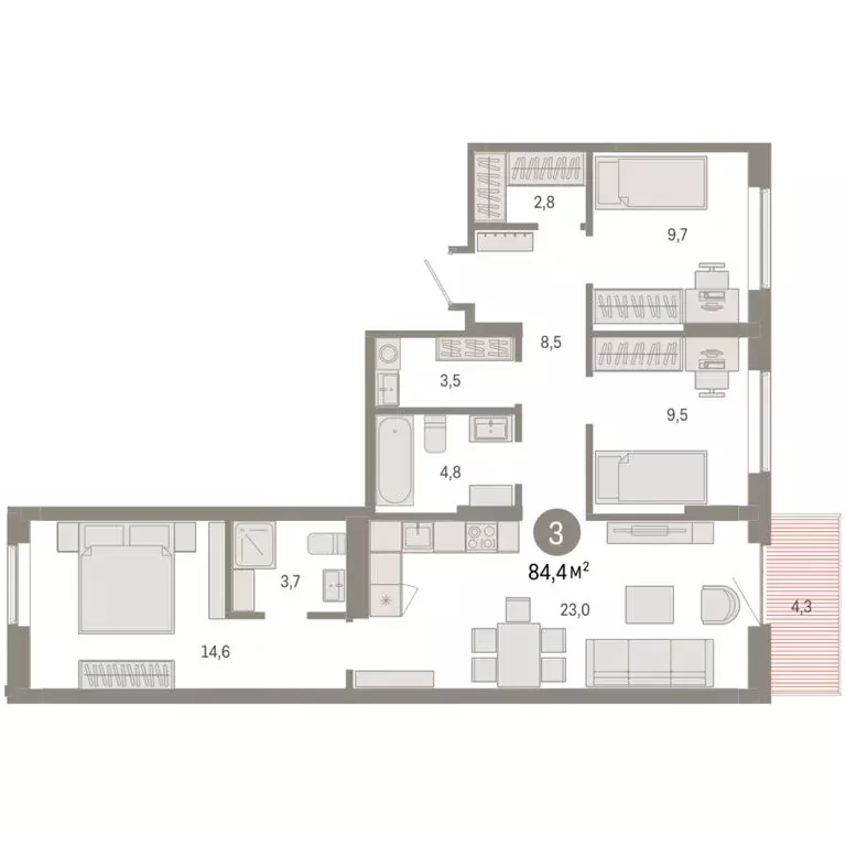 3-комнатная квартира: Омск, Кировский округ (84.38 м) - Фото 1