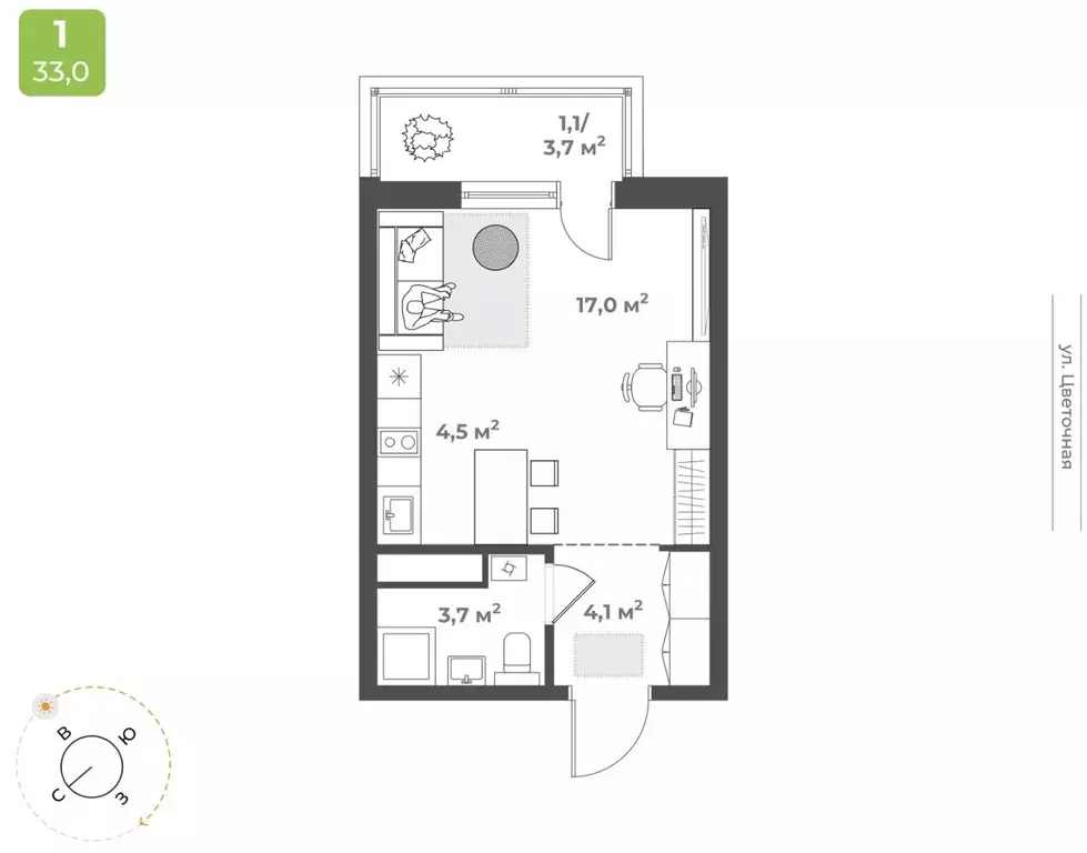 Студия Тверская область, Тверь Соминка мкр,  (30.4 м) - Фото 1
