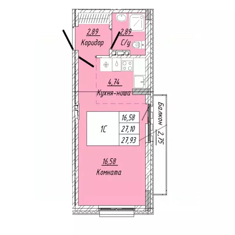 1-к кв. Омская область, Омск ул. 2-я Дачная (27.93 м) - Фото 1