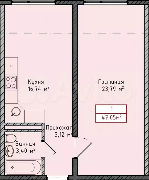1-к. квартира, 47,1 м, 3/8 эт. - Фото 1