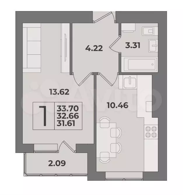 1-к. квартира, 33,7 м, 2/9 эт. - Фото 1
