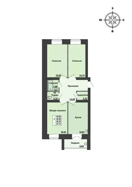 3-комнатная квартира: посёлок Руэм, улица Победы, 4 (88 м) - Фото 1