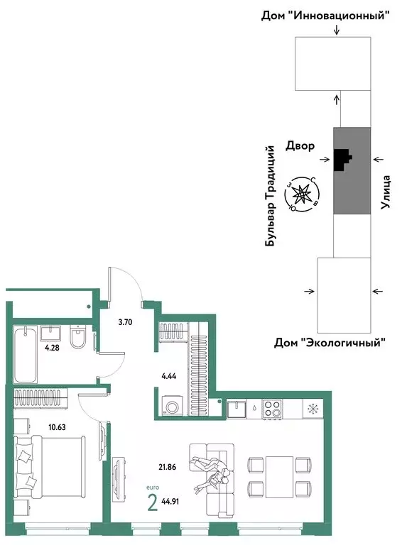 2-комнатная квартира: Тюмень, улица Андрея Кореневского, 3к2 (44.91 м) - Фото 0