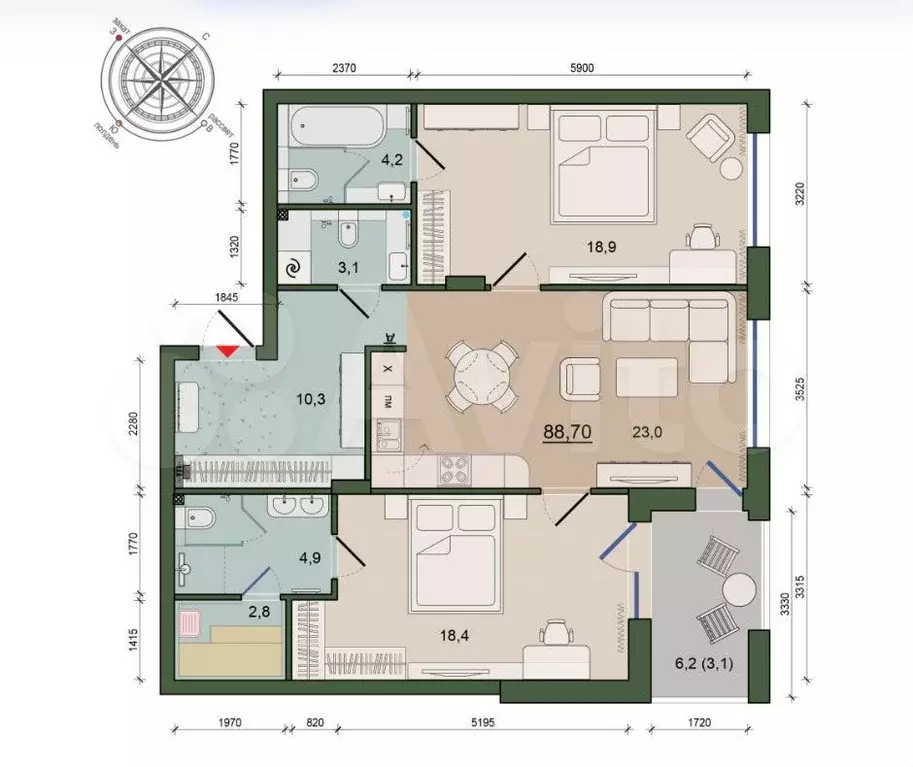 2-к. квартира, 88,6 м, 4/9 эт. - Фото 1