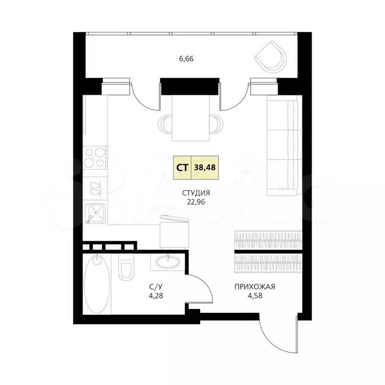 Апартаменты-студия, 38,5 м, 2/6 эт. - Фото 1