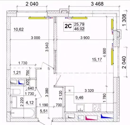 1-к кв. Кемеровская область, Кемерово ул. Сарыгина, 31 (46.2 м) - Фото 2