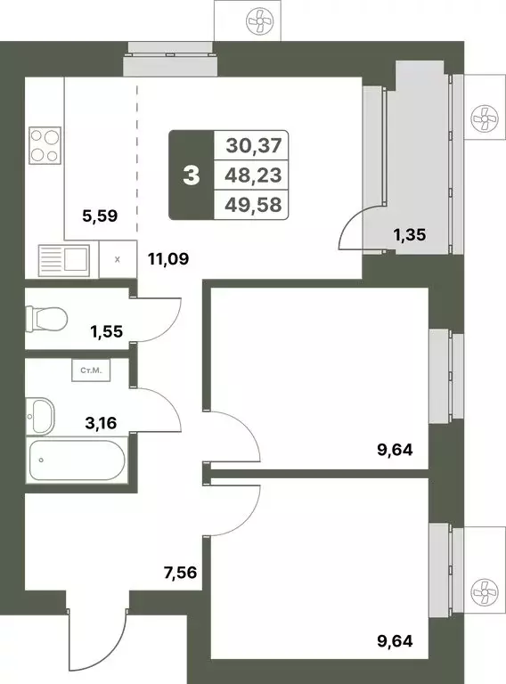 3-комнатная квартира: Уфимский район, село Миловка (49.58 м) - Фото 0