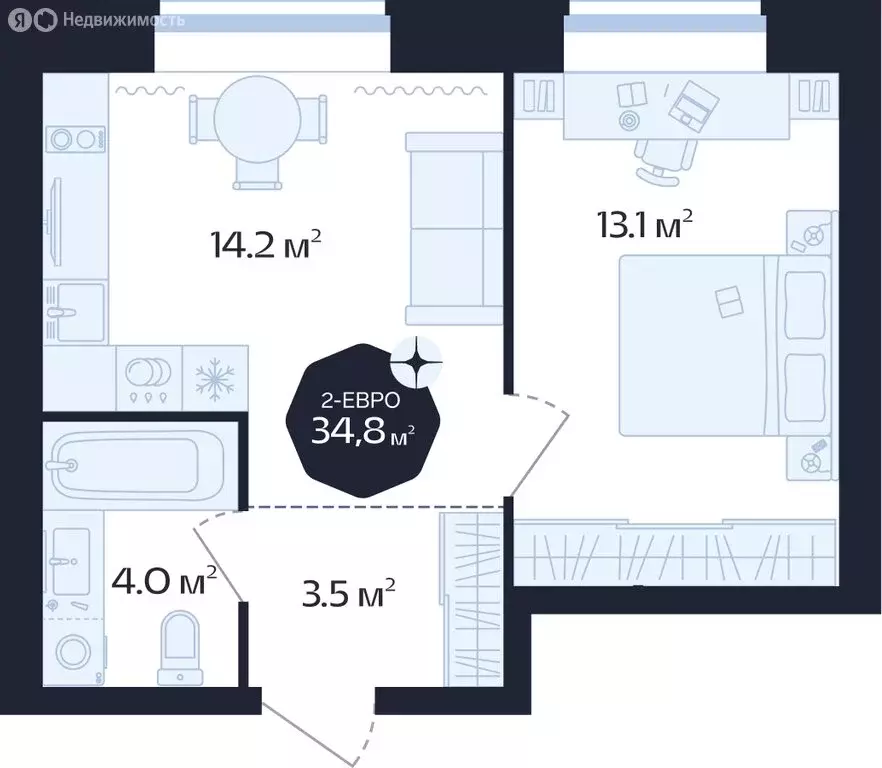 2-комнатная квартира: Тюмень, Новгородская улица, 20 (34.8 м) - Фото 1