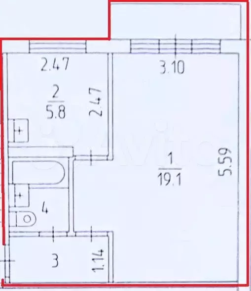 1-к. квартира, 30,6 м, 4/5 эт. - Фото 0