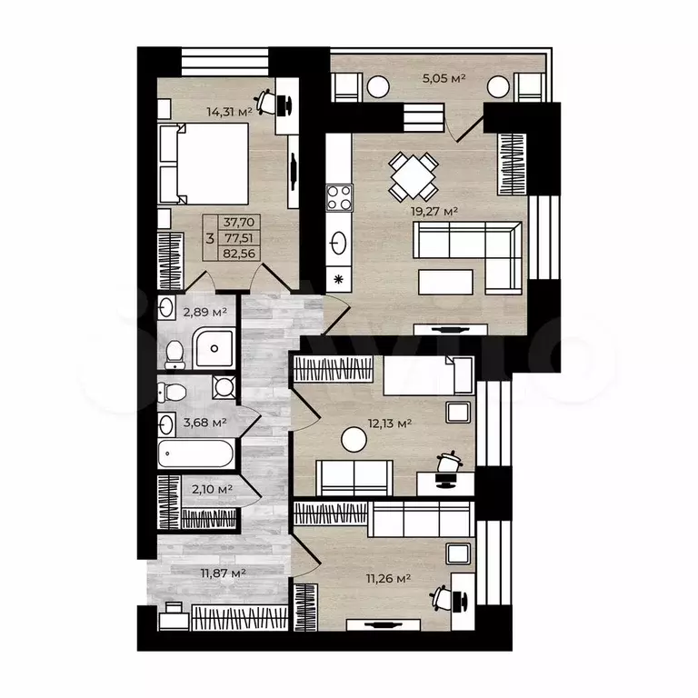 3-к. квартира, 82,6 м, 9/9 эт. - Фото 0