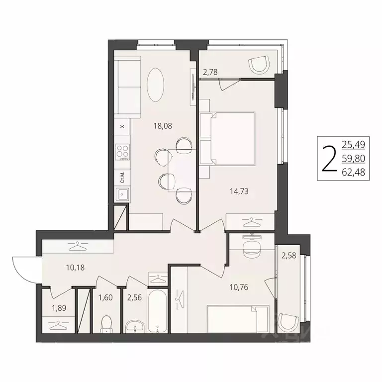 2-к кв. Волгоградская область, Волгоград ул. Степана Разина, 27 (62.48 ... - Фото 1