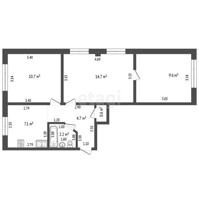 3-комнатная квартира: Октябрьский, Северная улица, 1 (49.6 м) - Фото 0