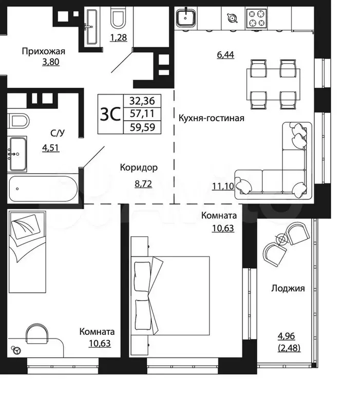 3-к. квартира, 59,4 м, 6/24 эт. - Фото 1