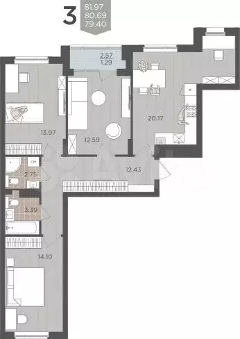 3-к. квартира, 80,5 м, 5/9 эт. - Фото 1