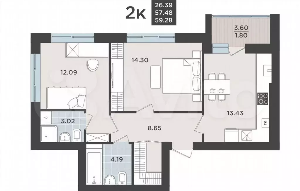 2-к. квартира, 57,5 м, 6/9 эт. - Фото 1