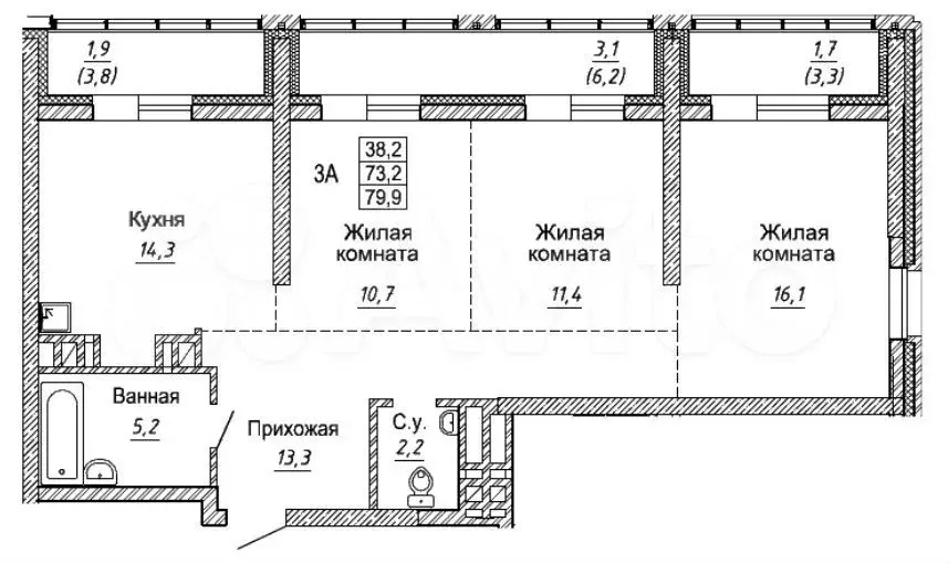 3-к. квартира, 79,9 м, 2/30 эт. - Фото 0