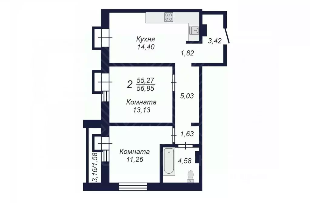 2-к кв. Челябинская область, Челябинск Заручейный кв-л,  (56.85 м) - Фото 1