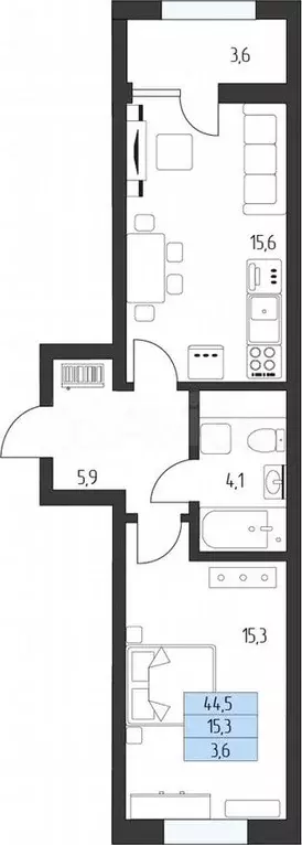 1-к. квартира, 43,6 м, 2/7 эт. - Фото 1