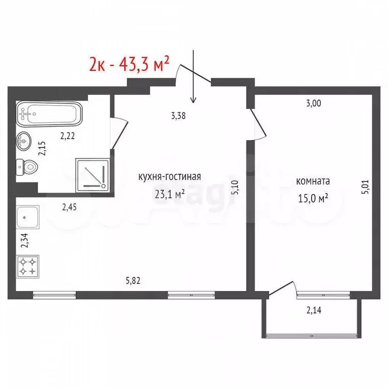 2-к. квартира, 43,3 м, 4/5 эт. - Фото 1