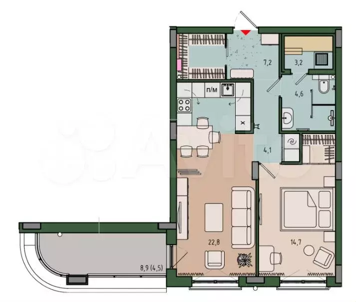 1-к. квартира, 61 м, 3/10 эт. - Фото 1