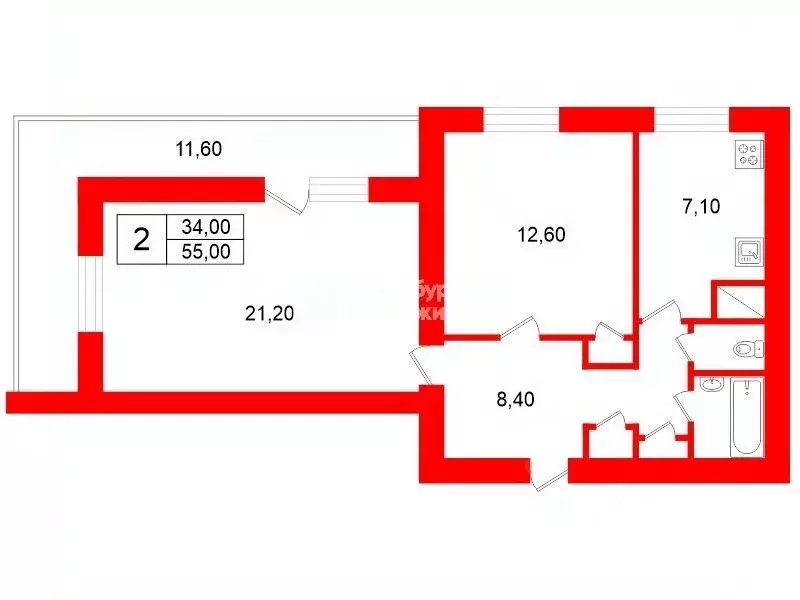 2-к кв. Санкт-Петербург ул. Подвойского, 40к2 (55.0 м) - Фото 2