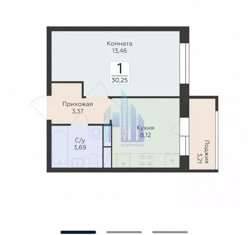 1-комнатная квартира: Воронеж, улица Ломоносова, 114Ю (30.25 м) - Фото 0